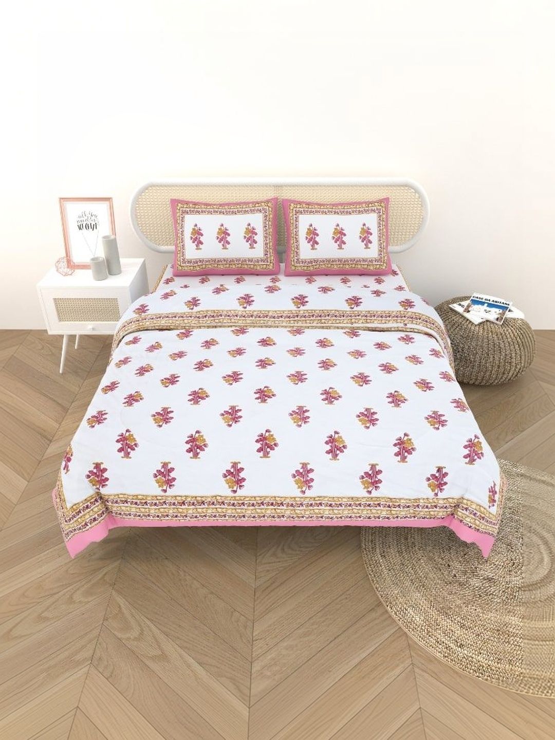 Gulaab Jaipur Pink & Yellow Floral Cotton 4 Piece Single Regular Bedding Set-image-3