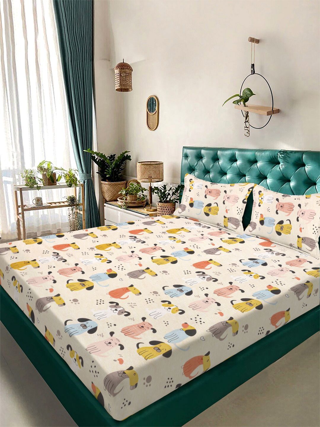 KLOTTHE Cream Color & Yellow Printed 300 TC Double Bedsheet & 2 Pillow Covers-2.5 x 2.25m-image-30
