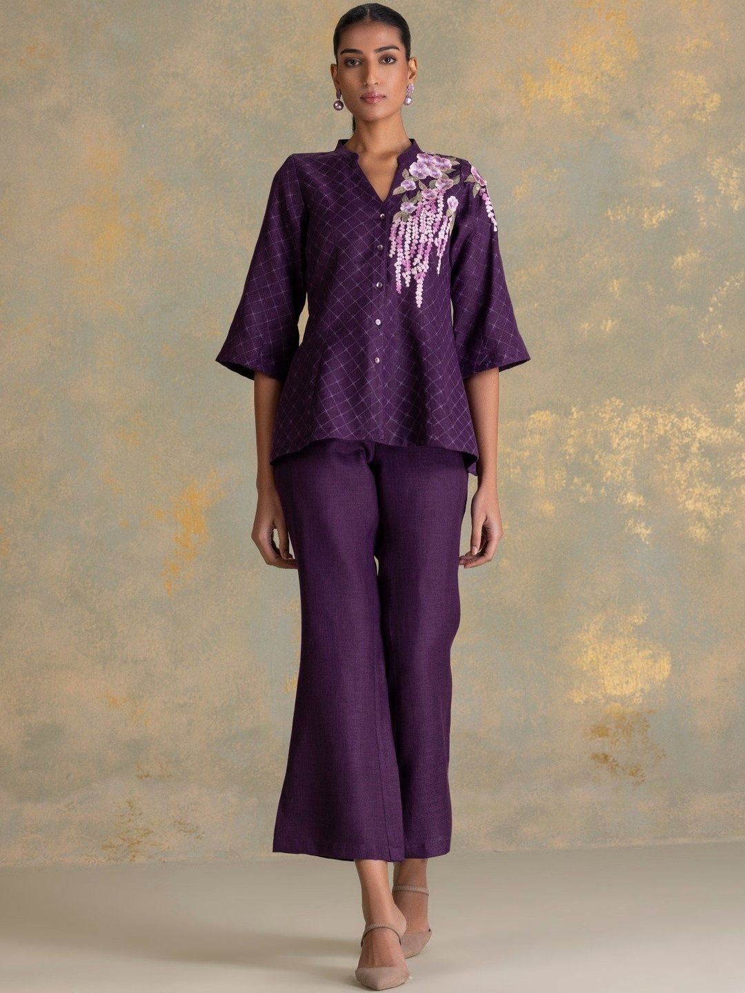 Kaveri Floral Print Mandarin Collar Linen Peplum Top-picture-48