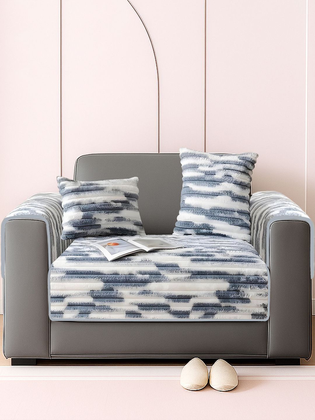 GLASSIANO Grey & Grey Printed Polyester 3 Piece Sofa Cover With Arms-picture-31