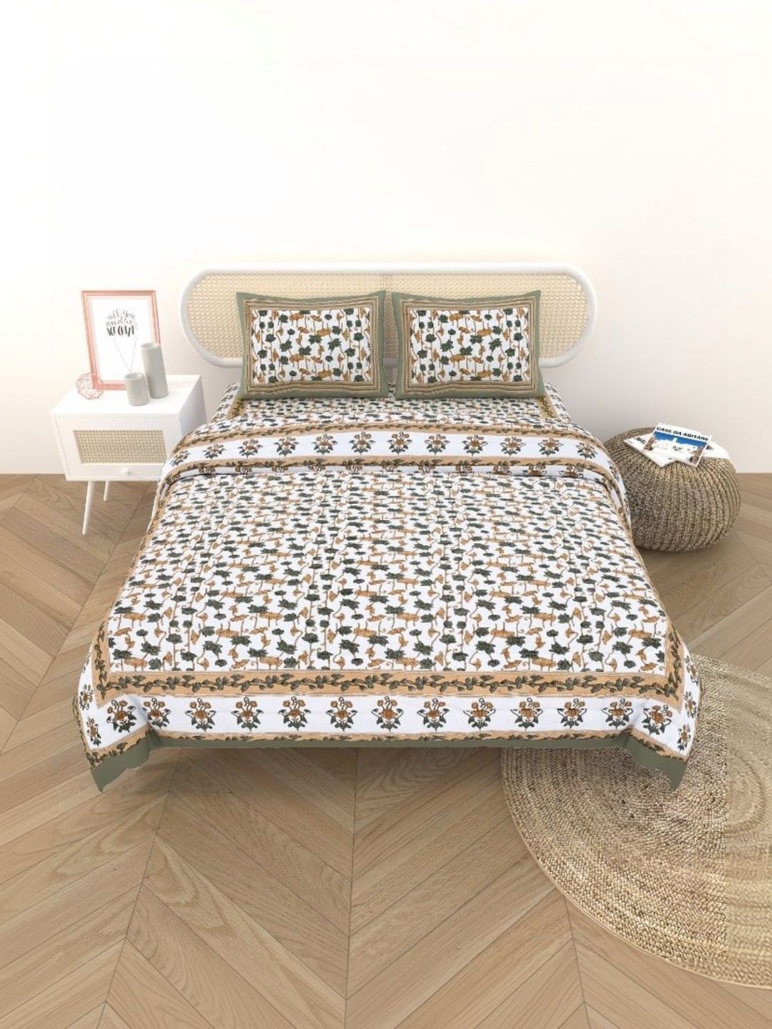 Gulaab Jaipur Green & White Floral Cotton 4 Piece Single Regular Bedding Set-picture-52