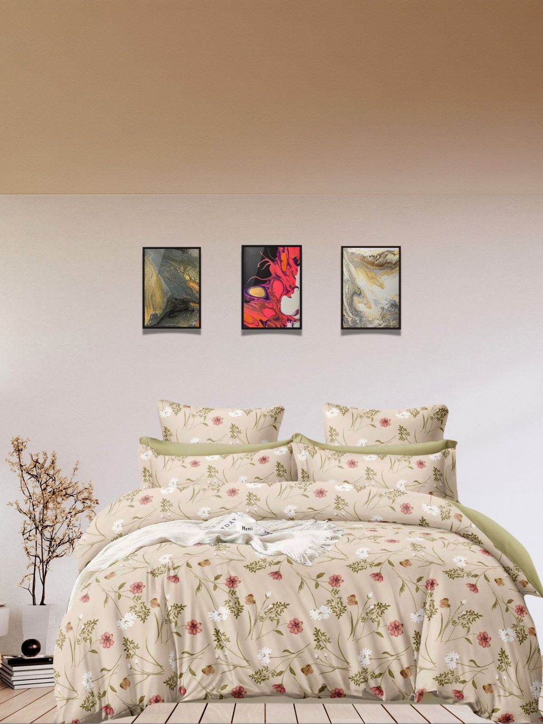 Myntra Elegant Homes Beige Floral 350 TC King Bedsheet with 2 Pillow Covers-picture-21