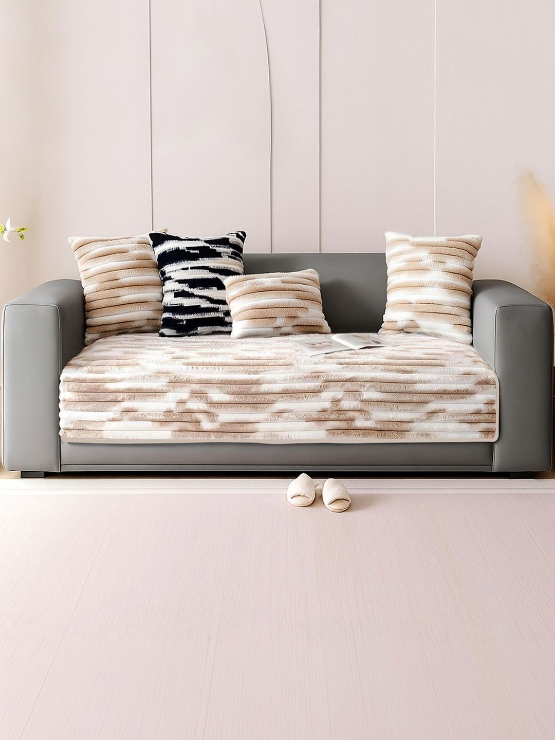 GLASSIANO Grey & Cream-Coloured Printed Polyester 1 Piece Sofa Cover-image-49