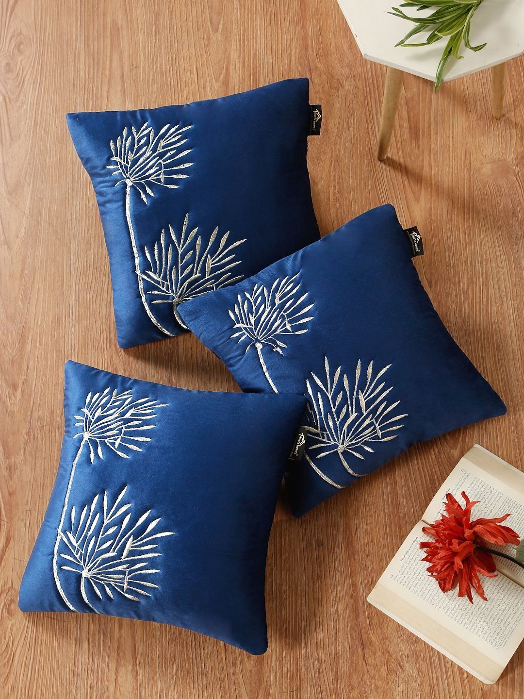 HOSTA HOMES Navy Blue Set of 3 Embroidered Velvet Square Cushion Covers-picture-0
