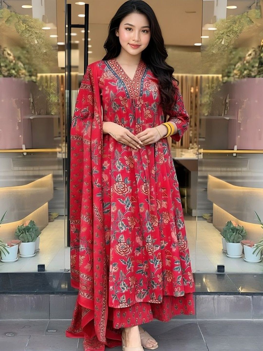 Bholukart Girls Floral Printed Regular Mirror Work Raw Silk Kurta with Trousers & With Dupatta-picture-54