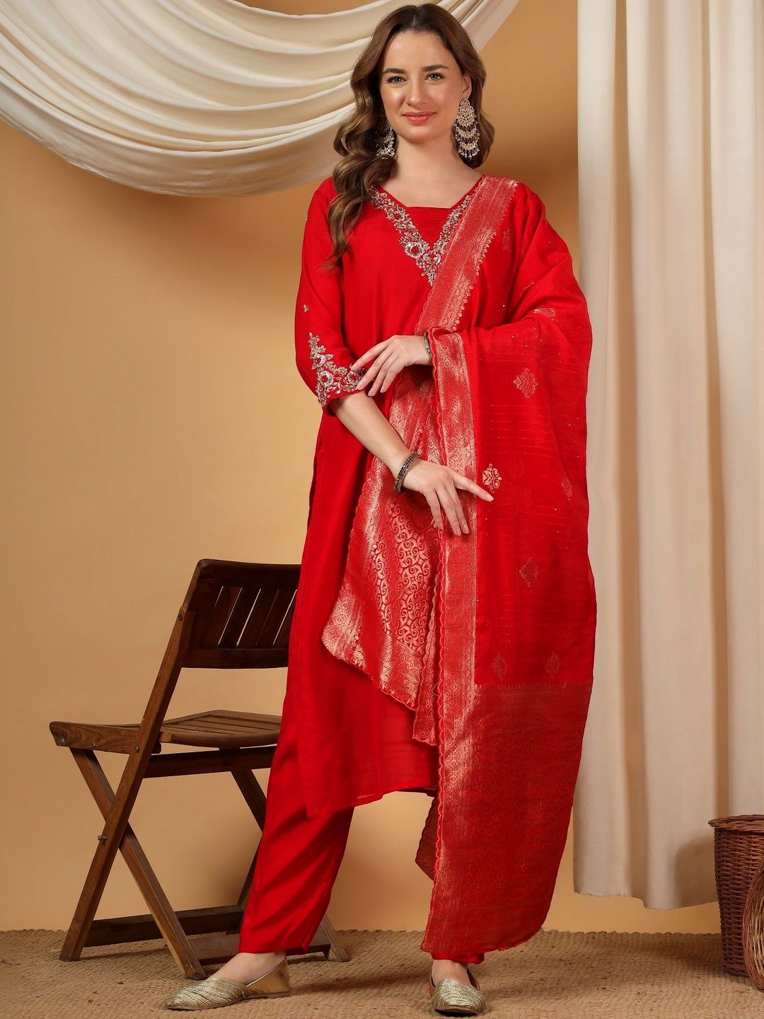 Prisachi Ethnic Motifs Embroidered Chanderi Silk Kurta with Trousers & Dupatta-image-19