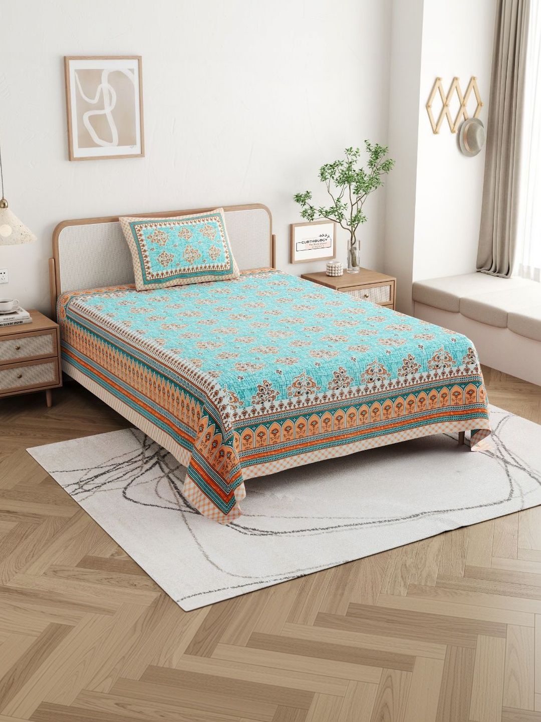 CLOTHOLOGY Green & Orange Floral 180 TC Single Bedsheet with 1 Pillow Covers-picture-35
