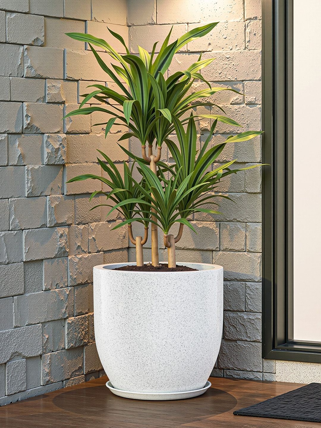 Kuber Industries White Textured Rotomould Round Flower Planter With Tray & Drainage