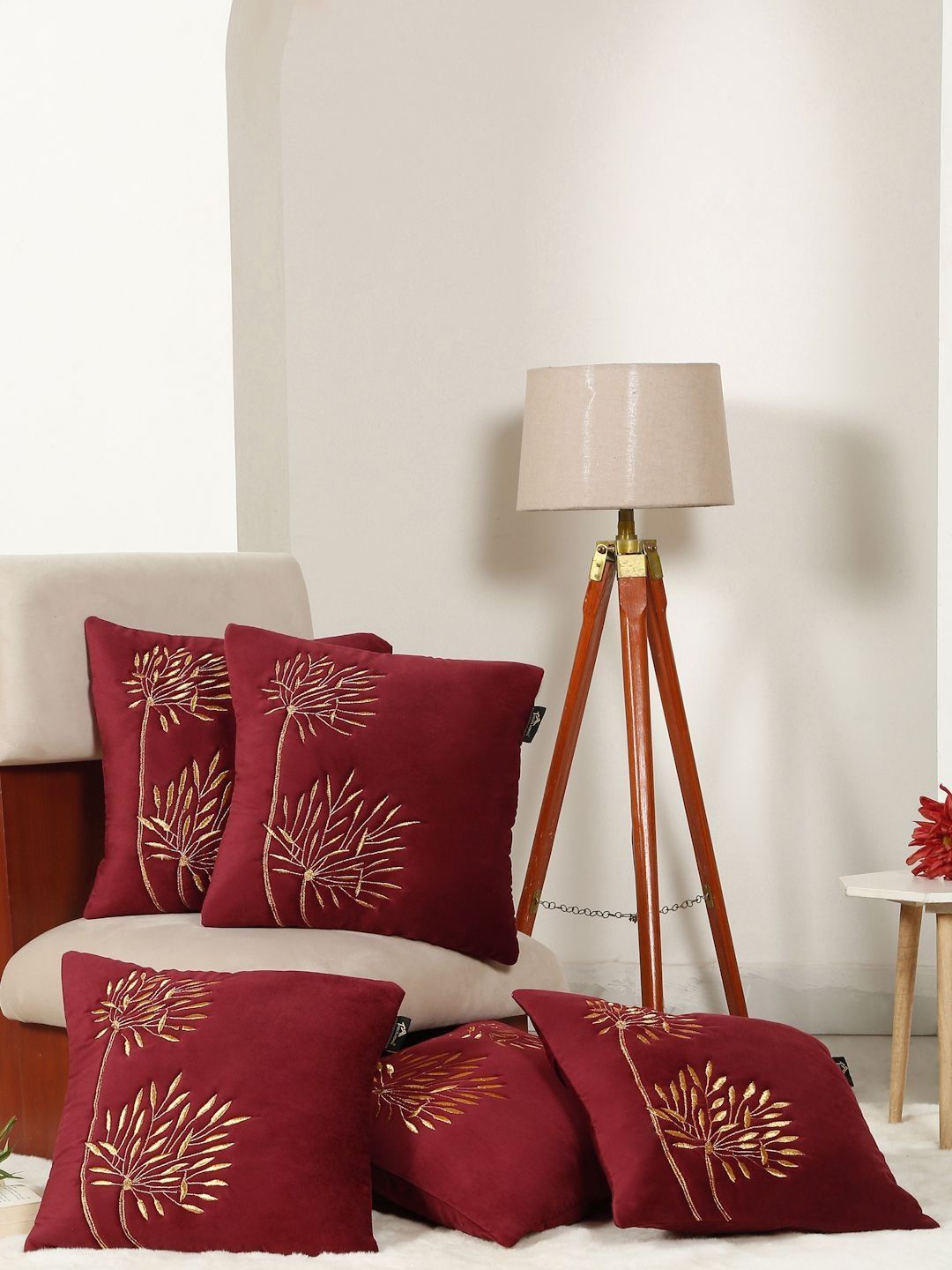HOSTA HOMES Maroon Set of 5 Embroidered Velvet Square Cushion Covers-picture-32