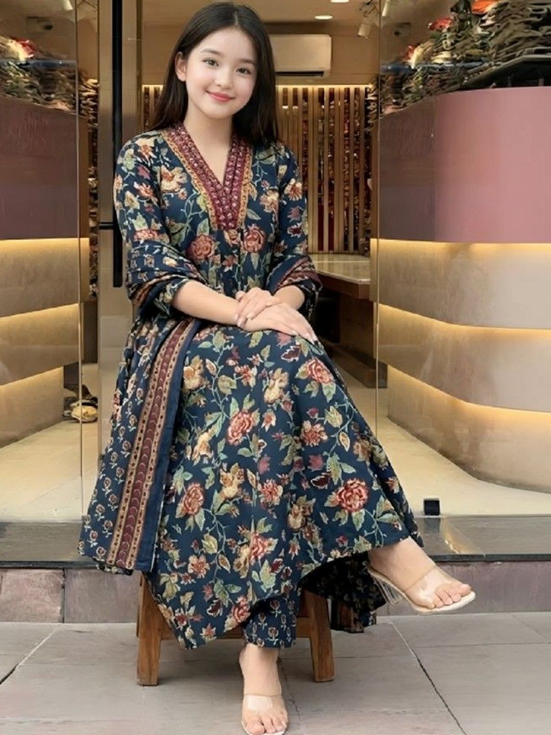 Vetrokart Girls Floral Printed Regular Raw Silk Kurta with Trousers & With Dupatta-picture-15