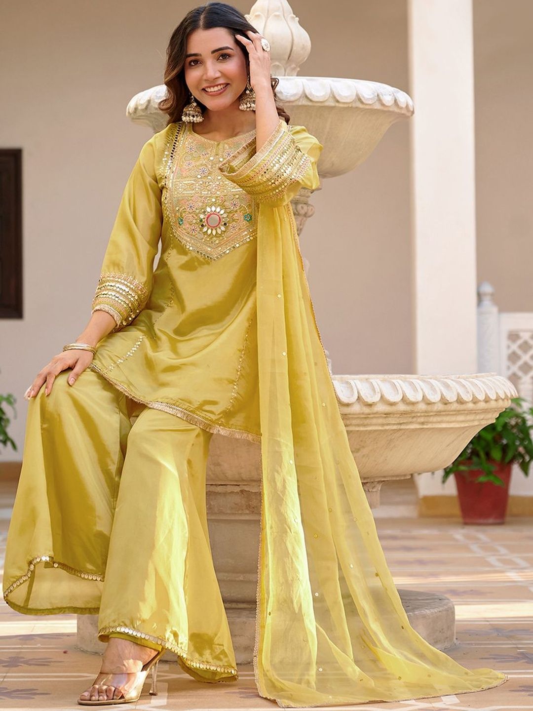 Sangria Women Floral Embroidered Panelled Sequinned Kurta with Palazzos & With Dupatta-picture-25