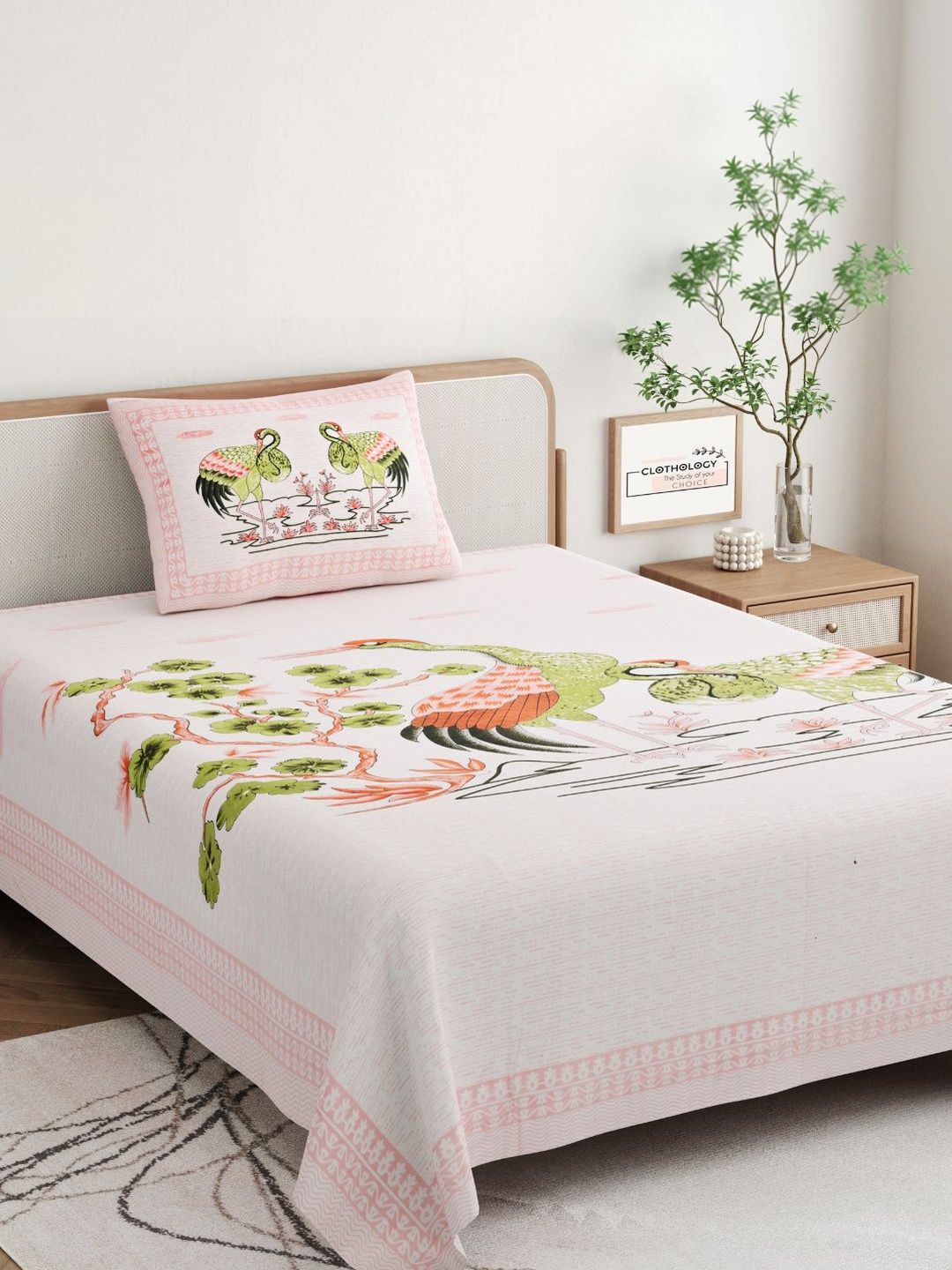 CLOTHOLOGY Pink & Green 180 TC Single Bedsheet with 1 Pillow Covers-picture-11