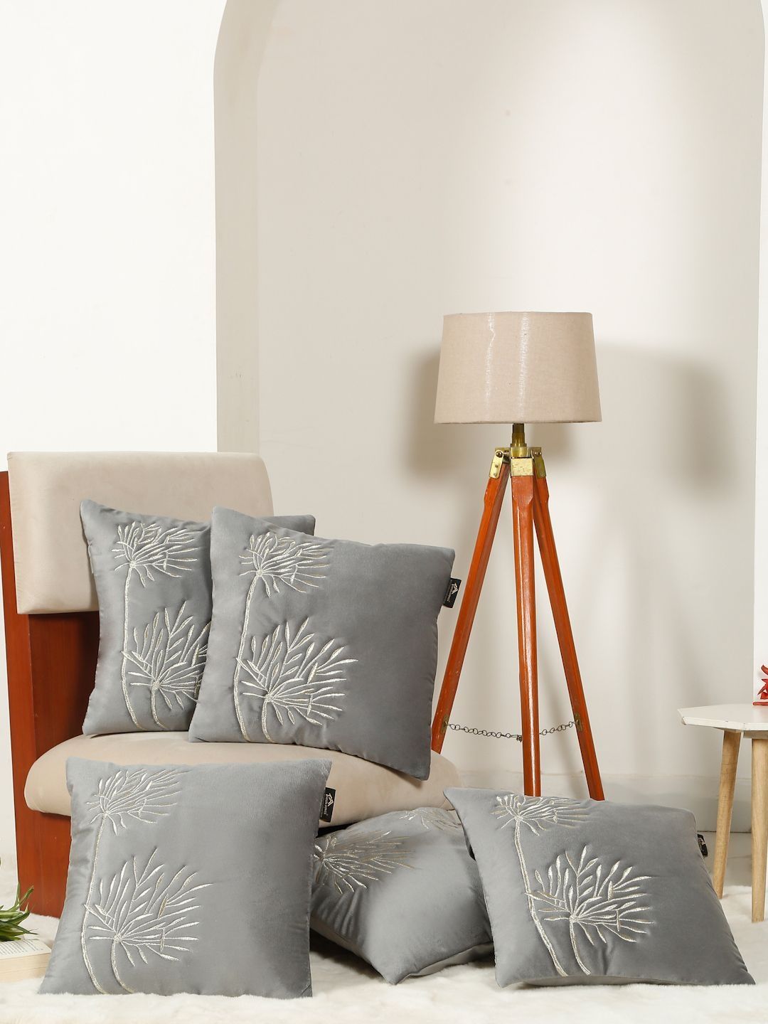 HOSTA HOMES Grey Set of 5 Embroidered Velvet Square Cushion Covers-picture-41