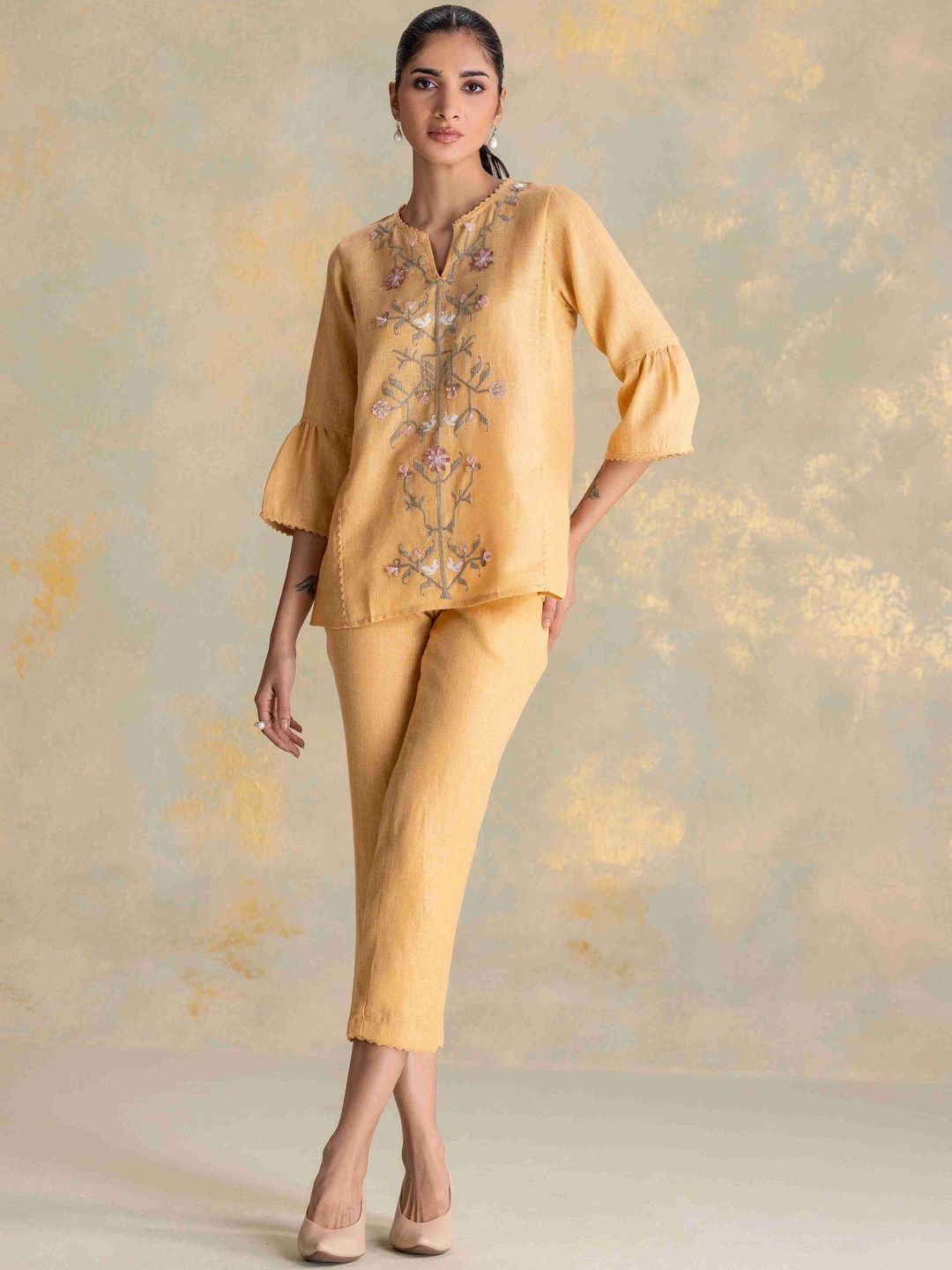 Kaveri Floral Embroidered Bell Sleeve Ethnic Linen Top-image-47