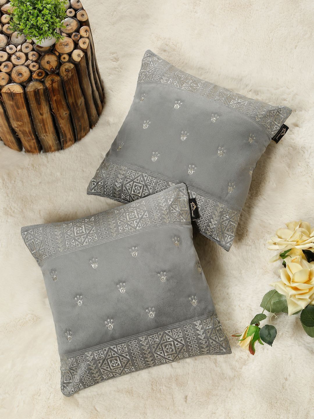 HOSTA HOMES Grey Set of 2 Embroidered Velvet Square Cushion Covers-image-30