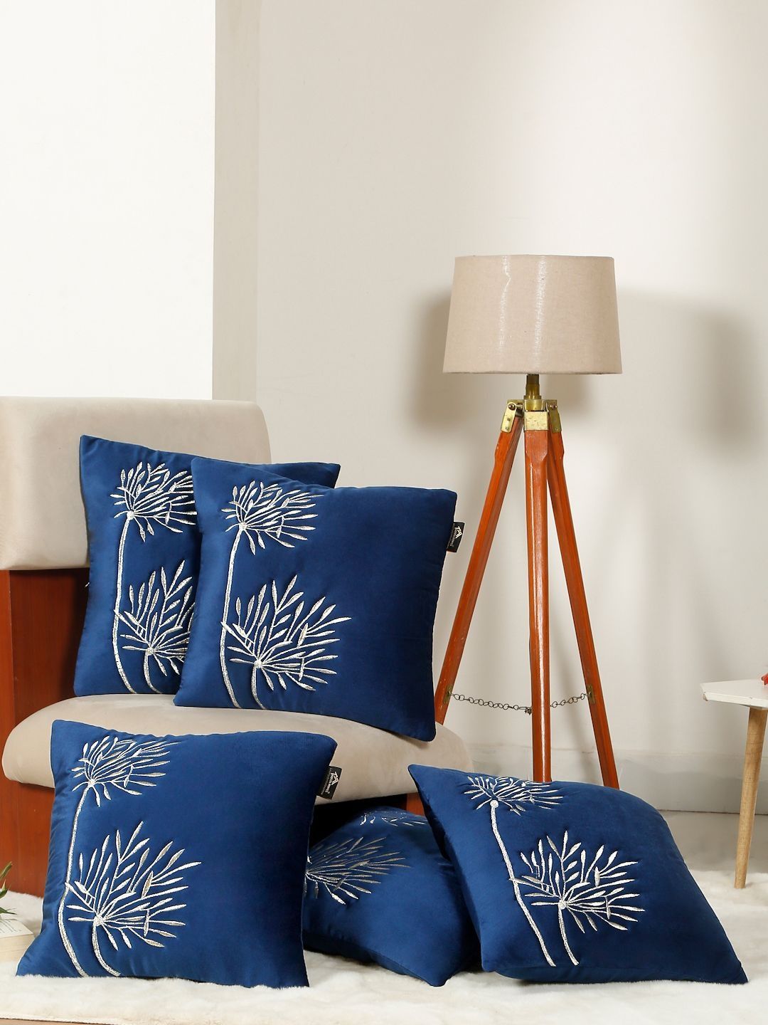 HOSTA HOMES Navy Blue Set of 5 Embroidered Velvet Square Cushion Covers-image-44
