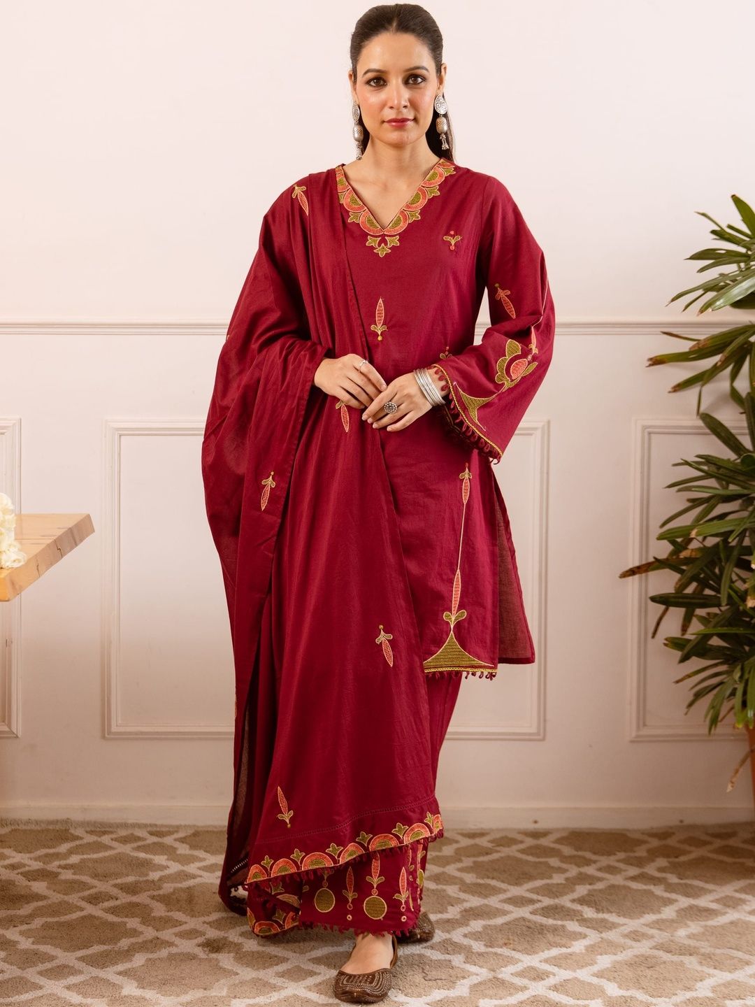 HERE&NOW Women Ethnic Motifs Embroidered Regular Thread Work Pure Cotton Kurta with Palazzos & With Dupatta-picture-38