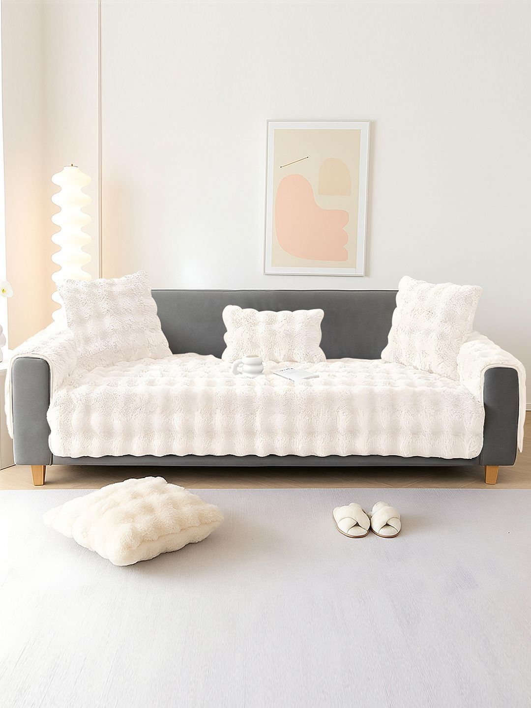GLASSIANO Cream-Coloured & White Polyester 3 Piece Sofa Cover With Arms-image-47