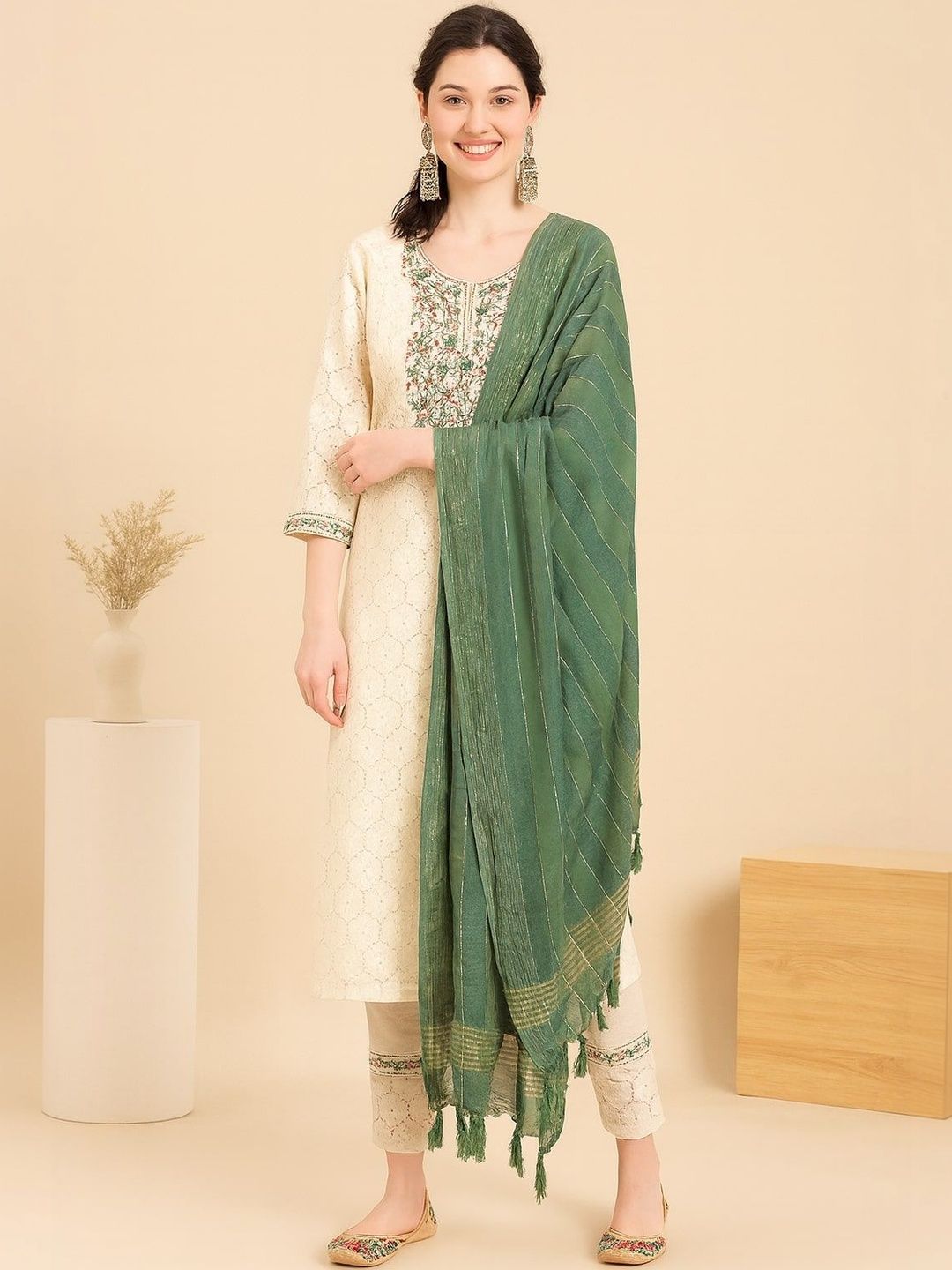 all about you Women Floral Embroidered Regular Thread Work Pure Cotton Kurta with Trousers & With Dupatta-picture-35