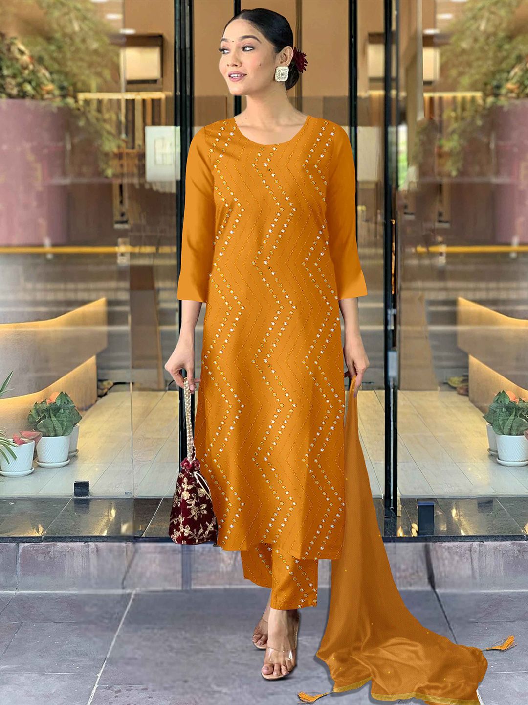 BAMSOM WEAR Women Embroidered Regular Sequinned Kurta with Trousers & With Dupatta