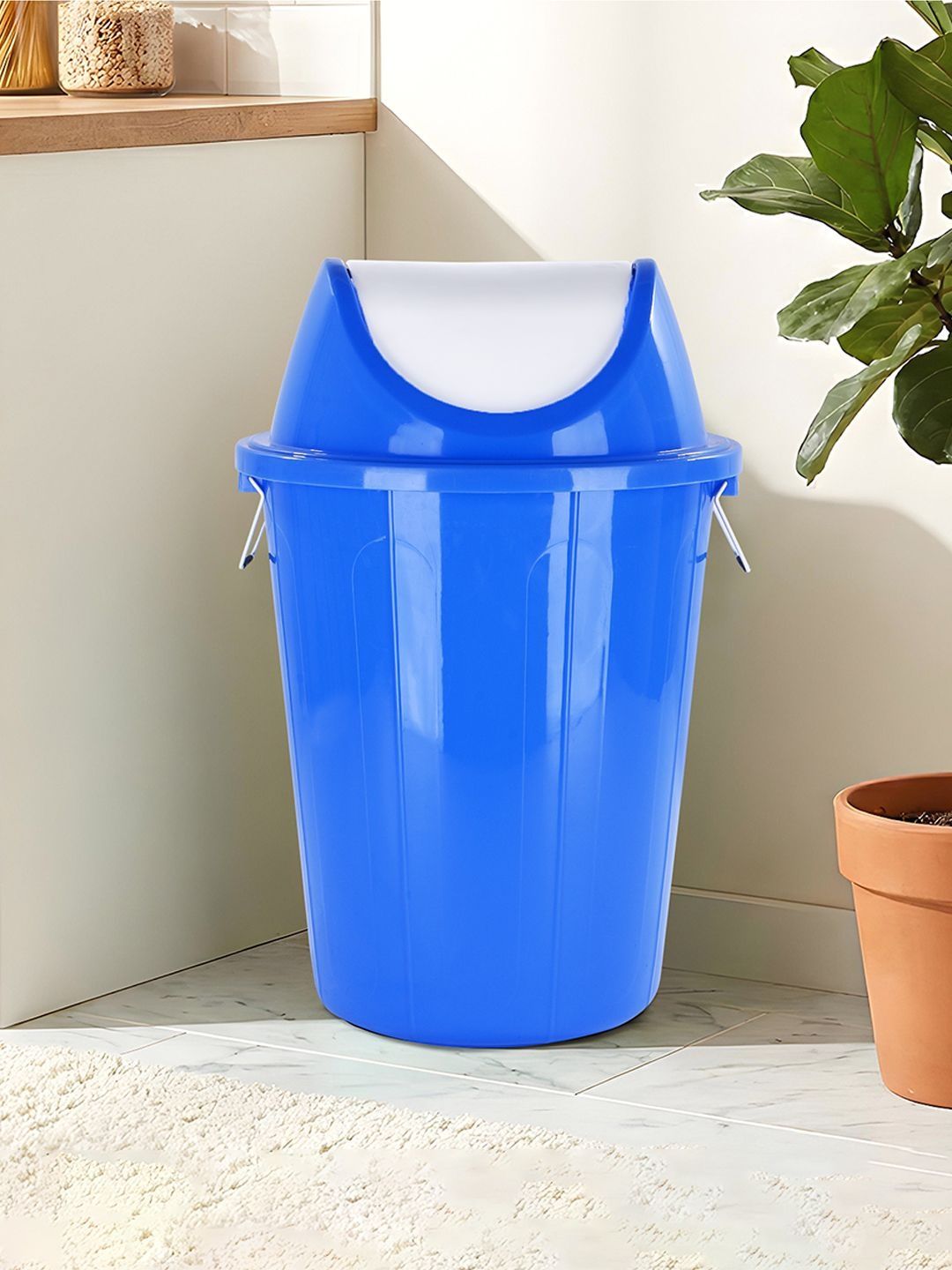 Kuber Industries Blue & White Space-Saving Swing Dustbin