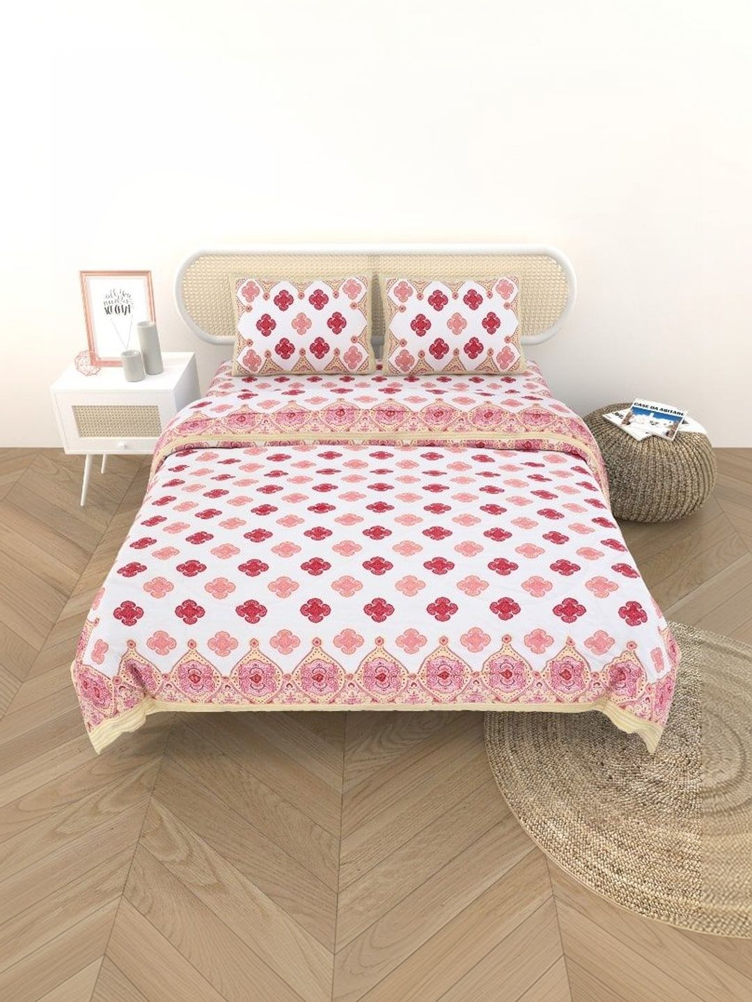 Gulaab Jaipur Pink & White Ethnic Motifs Cotton 4 Piece Single Regular Bedding Set-image-33