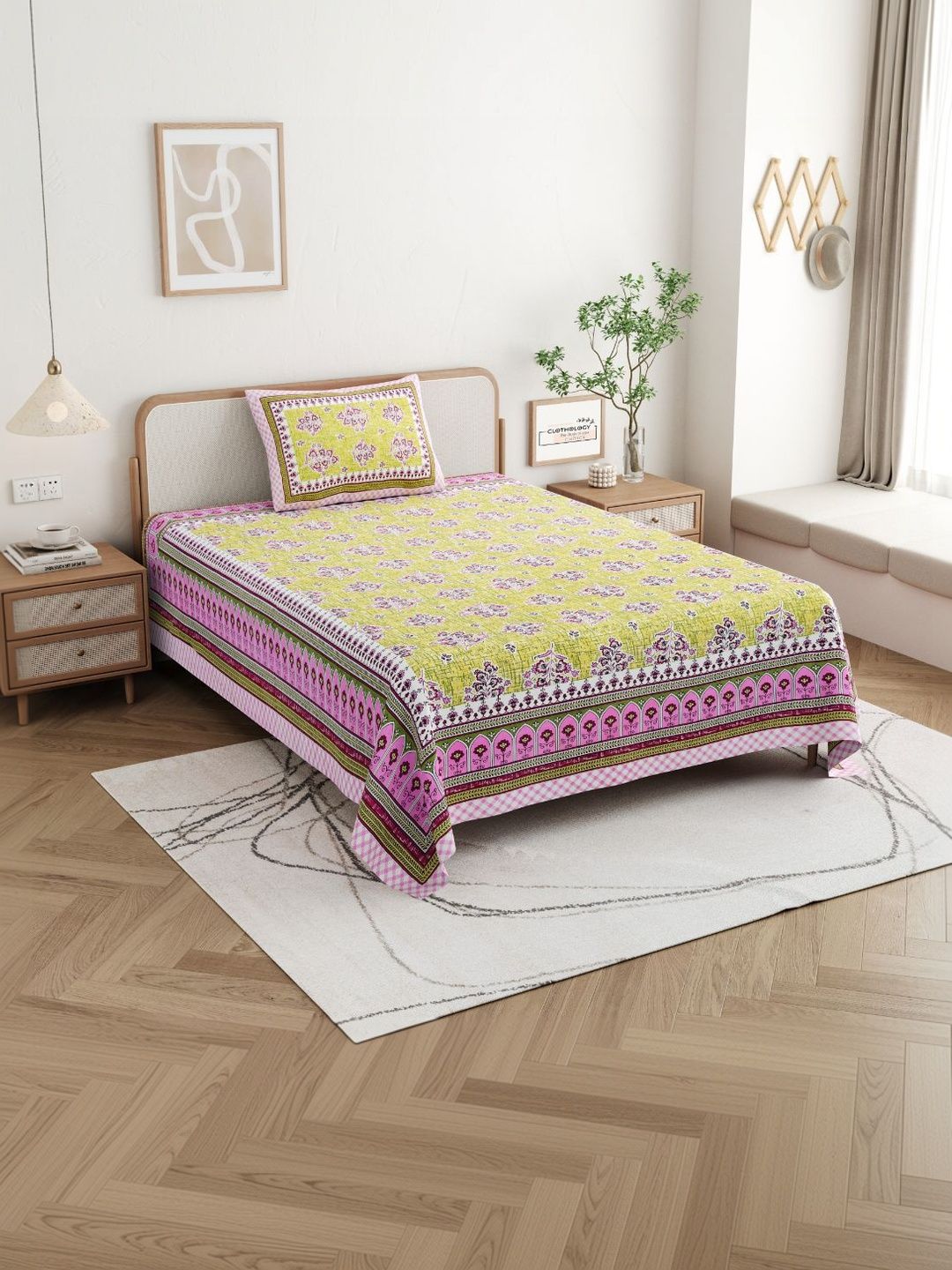 CLOTHOLOGY Pink & Pink Floral 180 TC Single Bedsheet with 1 Pillow Covers-image-40