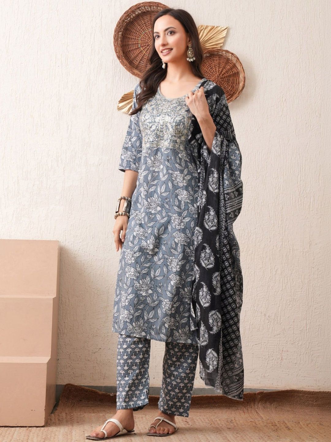 KALINI Women Floral Printed Regular Pure Cotton Kurta with Trousers & With Dupatta-picture-16