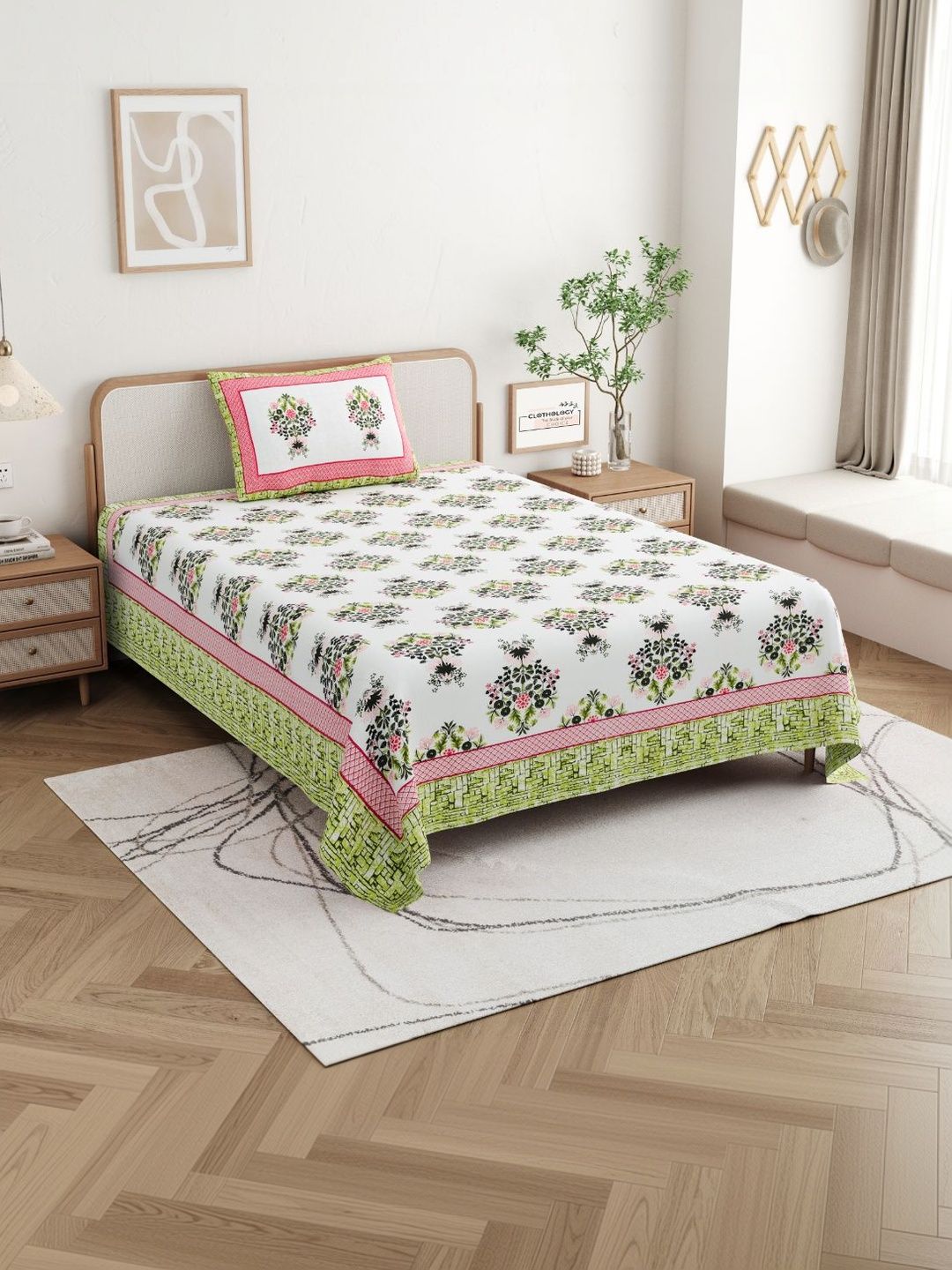 CLOTHOLOGY White & Pink Floral 180 TC Single Bedsheet with 1 Pillow Covers-picture-45