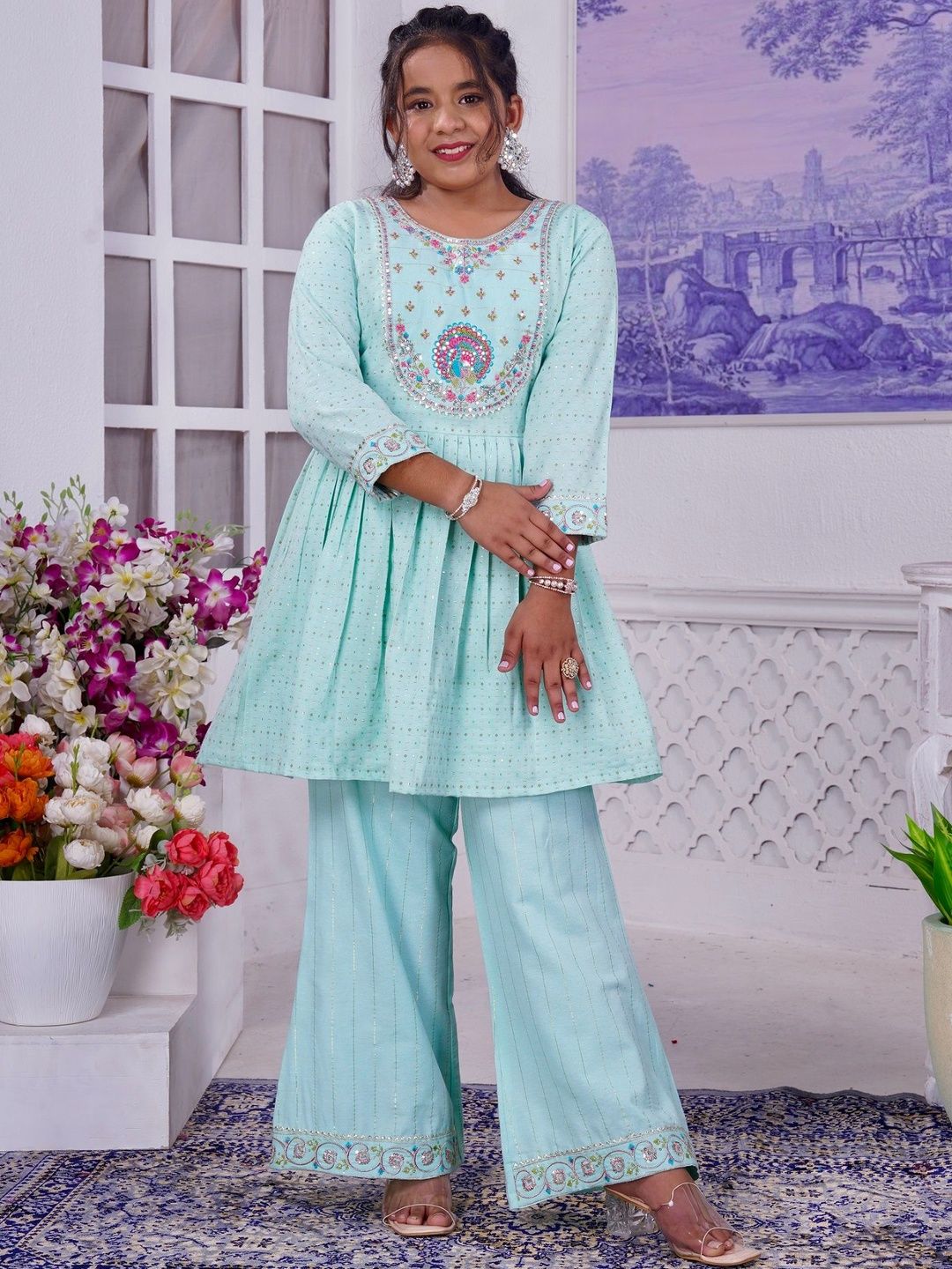 T4You Girls Ethnic Motifs Printed Panelled Thread Work Kurta with Palazzos-picture-33