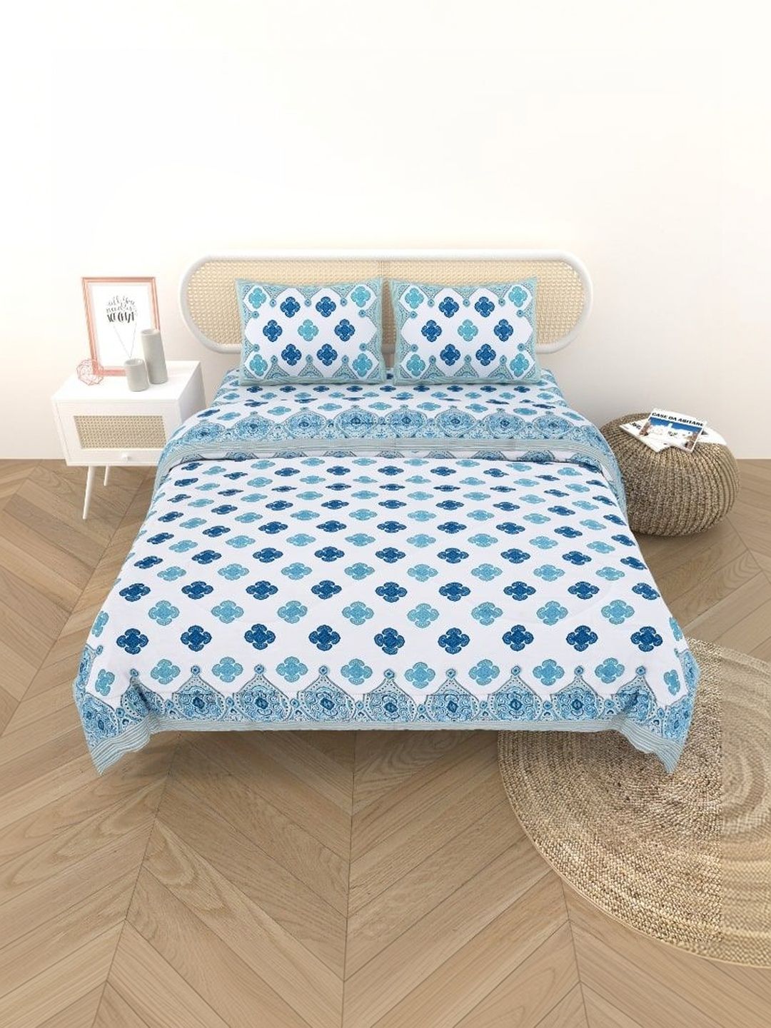 Gulaab Jaipur Blue & White Ethnic Motifs Cotton 4 Piece Single Regular Bedding Set-picture-47
