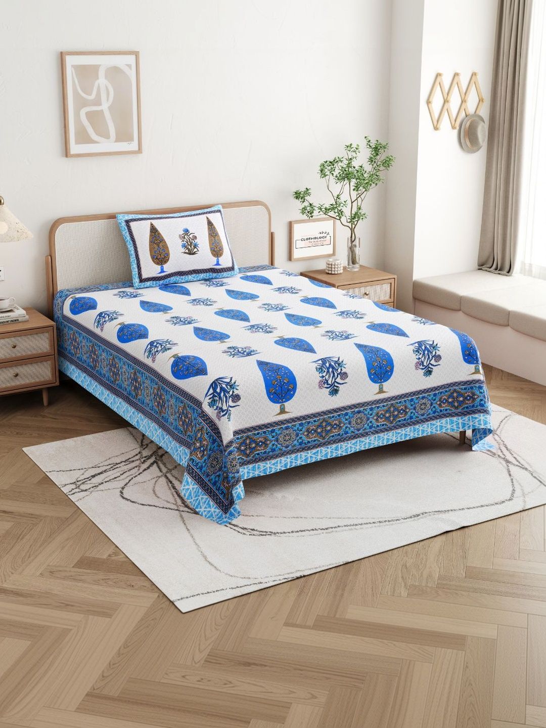 CLOTHOLOGY Blue & White Floral 180 TC Single Bedsheet with 1 Pillow Covers-picture-40