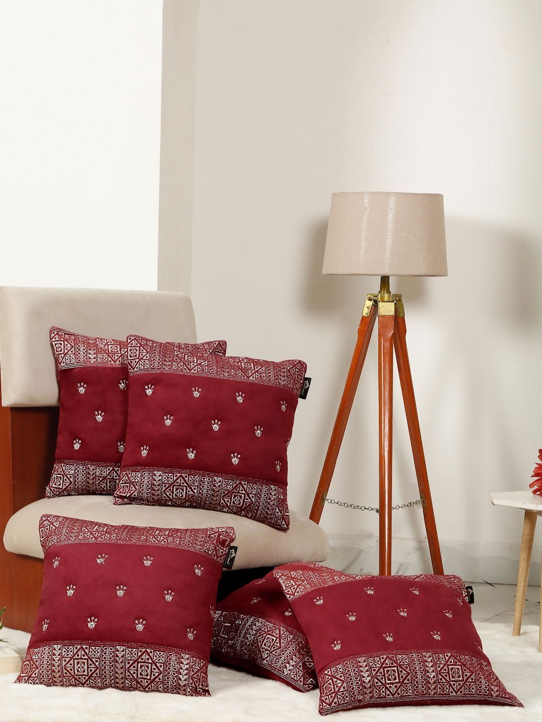 HOSTA HOMES Maroon Set of 5 Ethnic Motifs Velvet Square Cushion Covers-picture-32