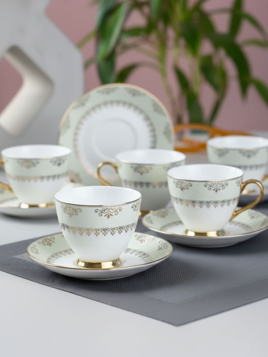 CLAY CRAFT White Set Of 6 Printed Ceramic Tea Cups & Saucers - 180 ml Each-picture-19