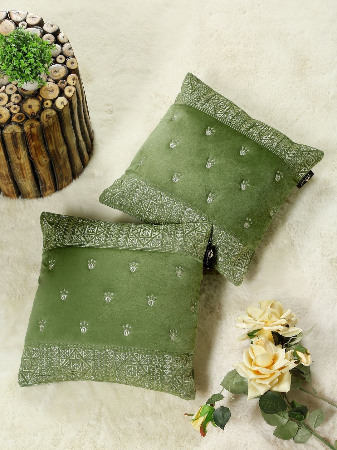 HOSTA HOMES Olive Green Set of 2 Embroidered Velvet Square Cushion Covers-image-35