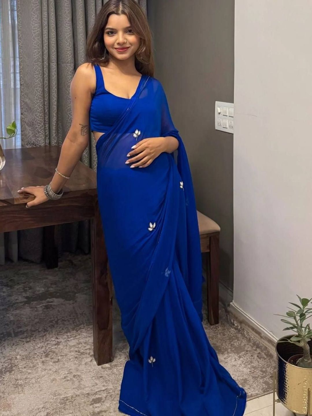 HERE&NOW Embellished Embroidered Poly Georgette Saree-picture-41