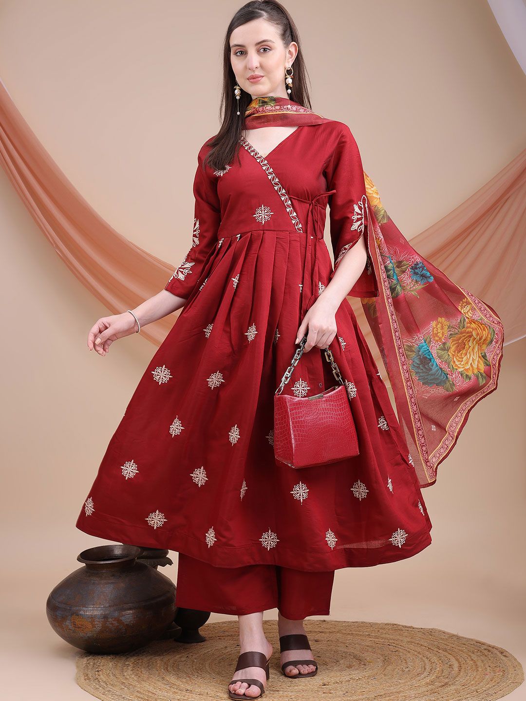 VISOKA Women Floral Embroidered Angrakha Thread Work Kurta with Trousers & With Dupatta-picture-18