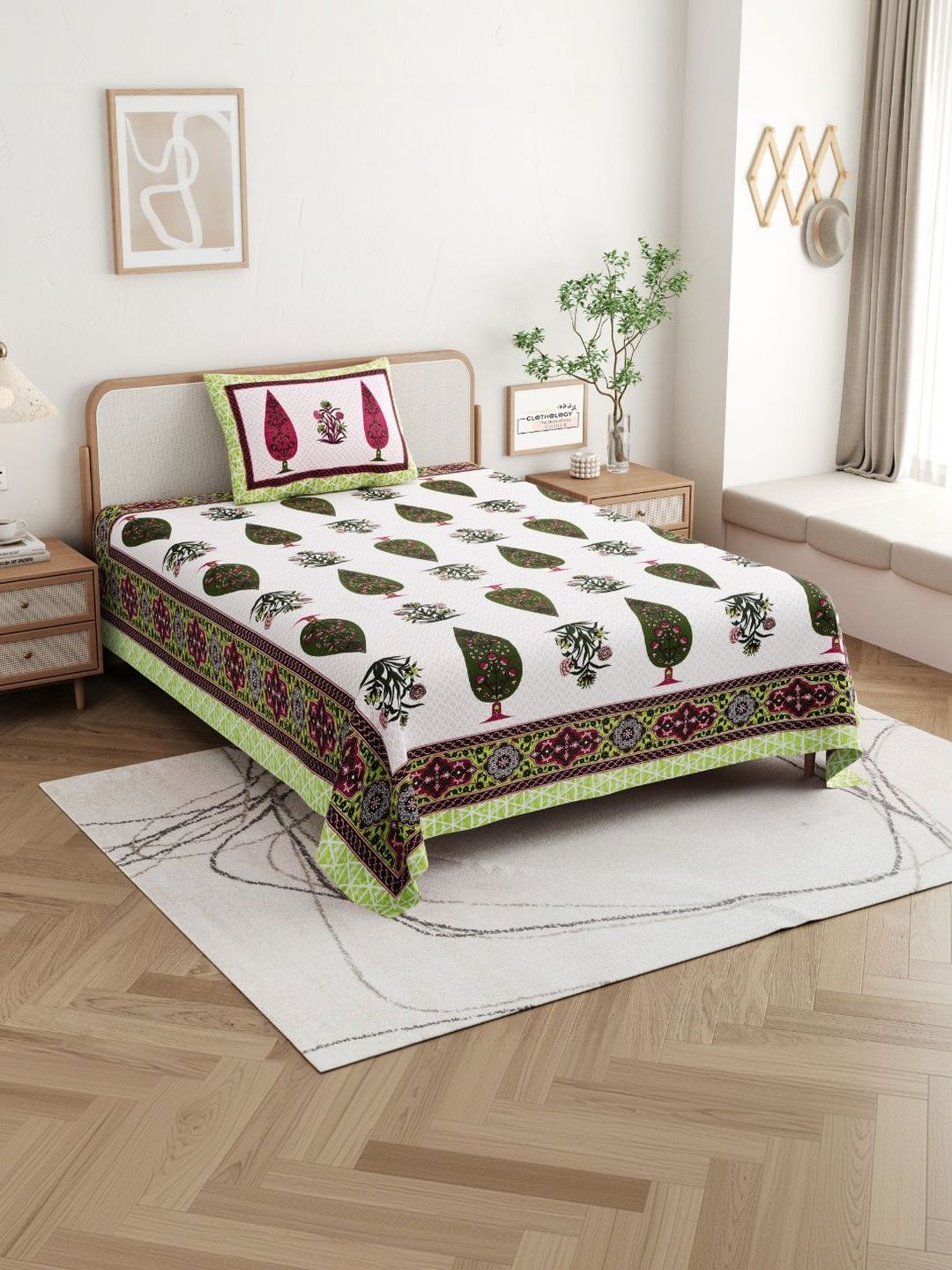 CLOTHOLOGY White & Green Floral 180 TC Single Bedsheet with 2 Pillow Covers-picture-18