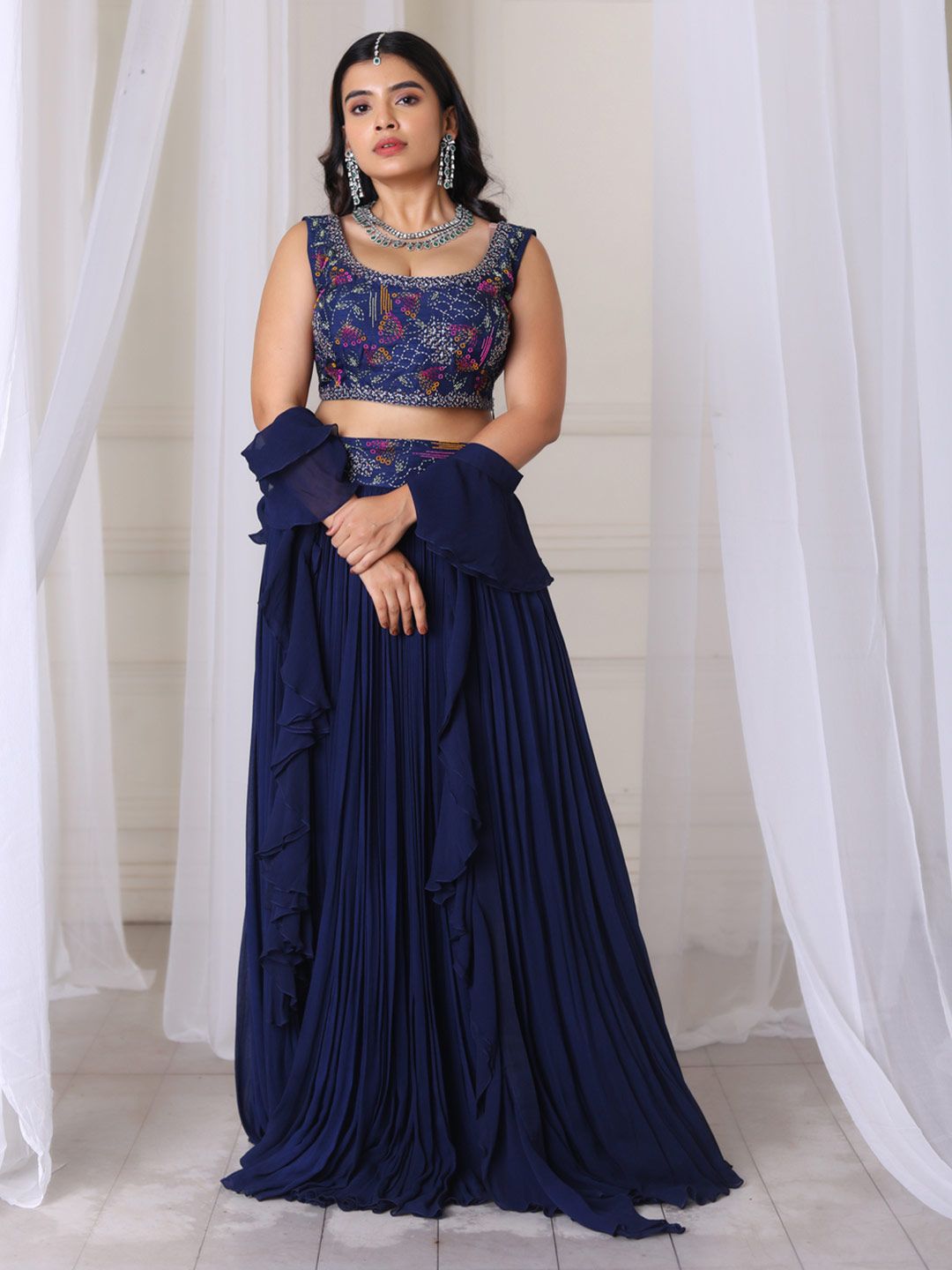 SAMAD ATELIER Hand Embroidered Navy Blue Skirt With Blouse & Frill Duppatta-image-5