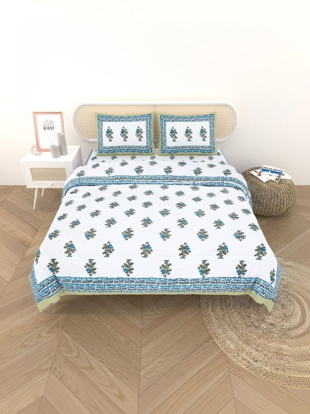 Gulaab Jaipur Blue & White Floral Cotton 4 Piece Single Regular Bedding Set-picture-46