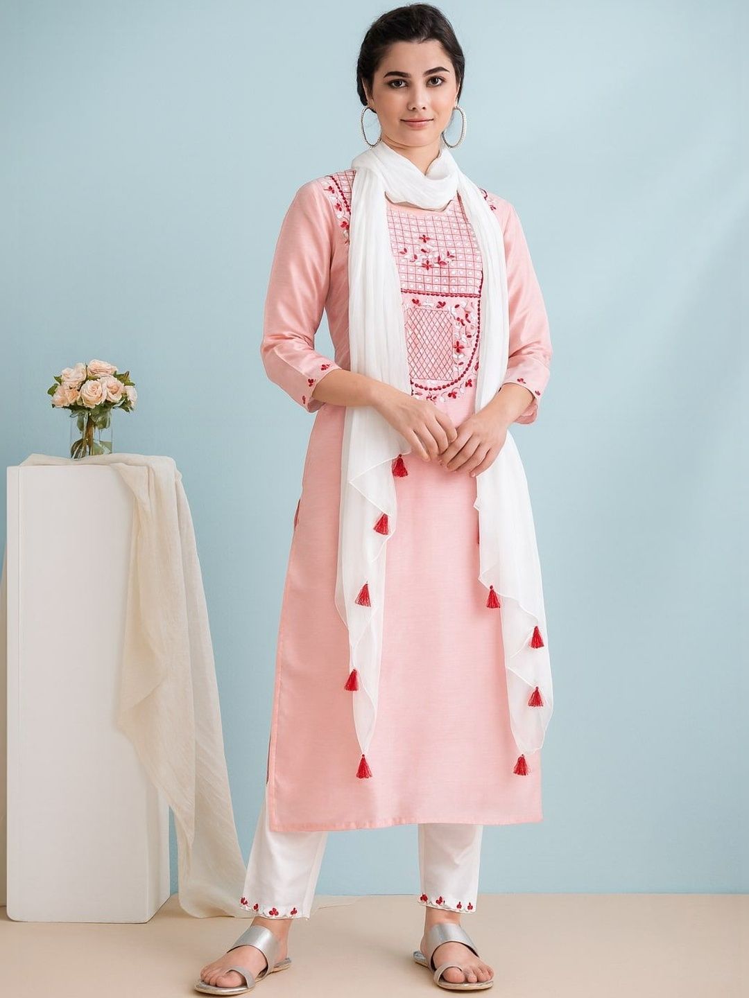 all about you Women Floral Embroidered Regular Thread Work Dupion Silk Kurta with Trousers & With Dupatta-picture-34