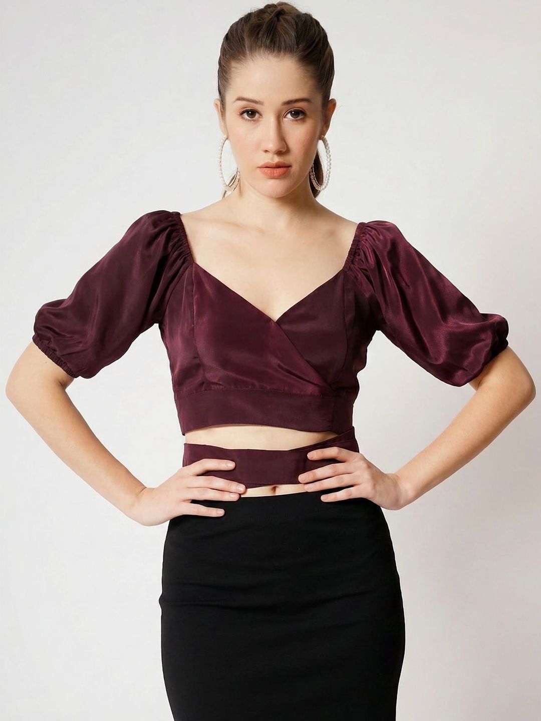 CHARMGAL Puff Sleeve Satin Wrap Crop Top-picture-22