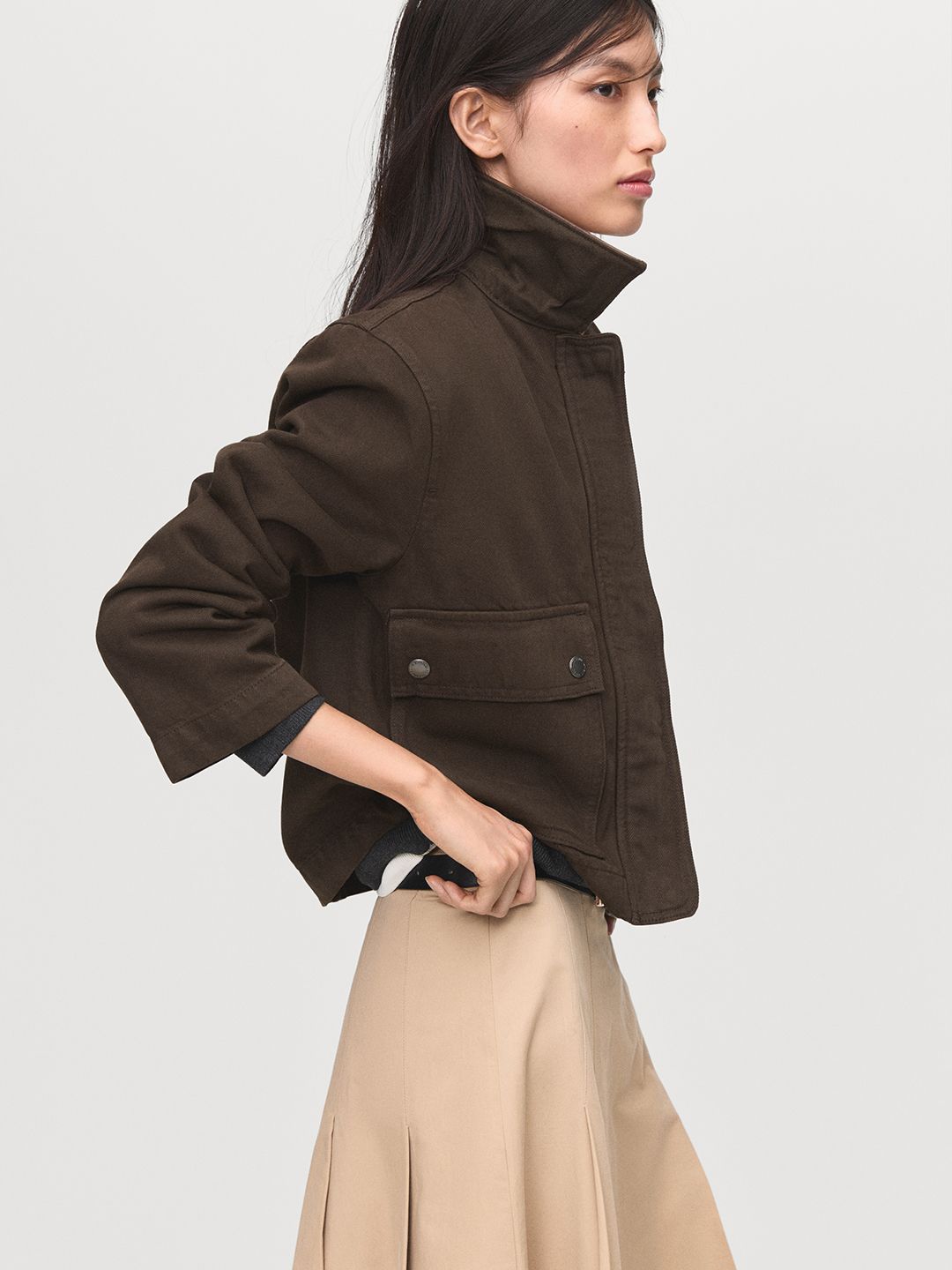 MANGO Faux Leather Spread Collar Denim Jacket