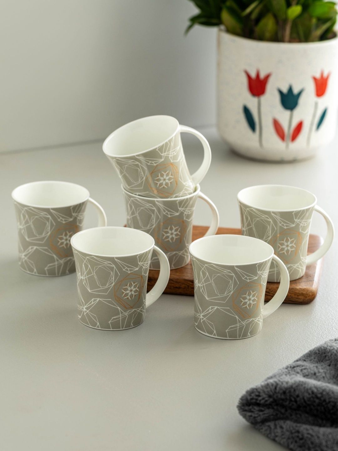 CLAY CRAFT Green & White Floral Printed Ceramic Glossy Cups Set of Cups and Mugs-picture-11