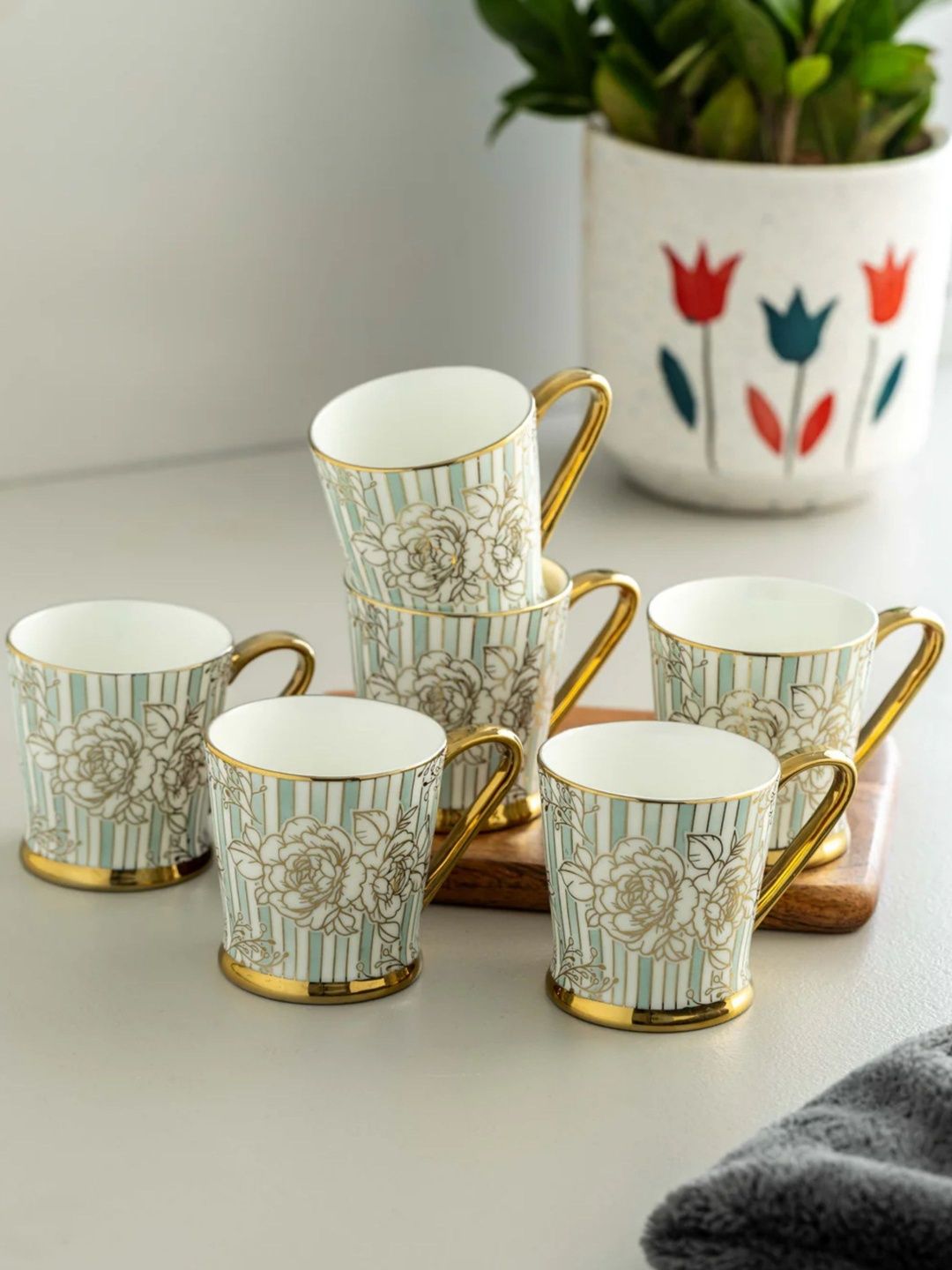 CLAY CRAFT White & Gold-Toned Floral Printed Ceramic Glossy Cups Set of Cups and Mugs-picture-30