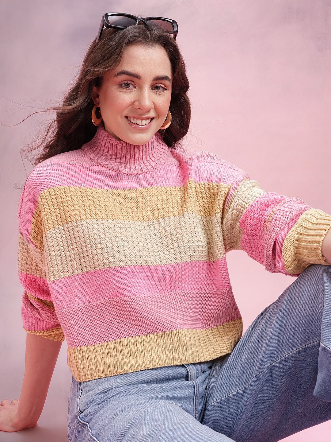 DressBerry Striped Turtle Neck Drop-Shoulder Sleeves Crop Pullover