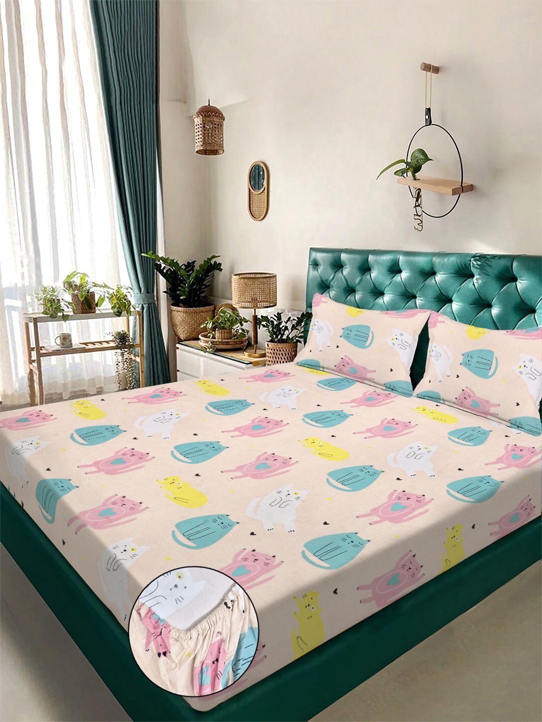 KLOTTHE Beige Cartoon Characters 300 TC King Bedsheet & 2 Pillow Covers-98 Inch x 88 Inch-picture-25