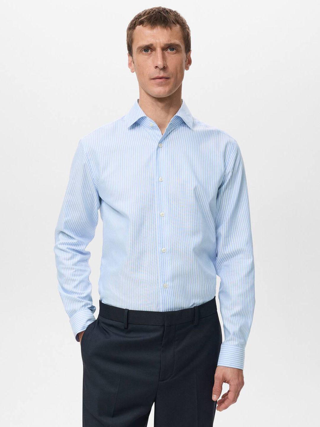 MANGO MAN Pure Cotton Striped Formal Shirt-image-36
