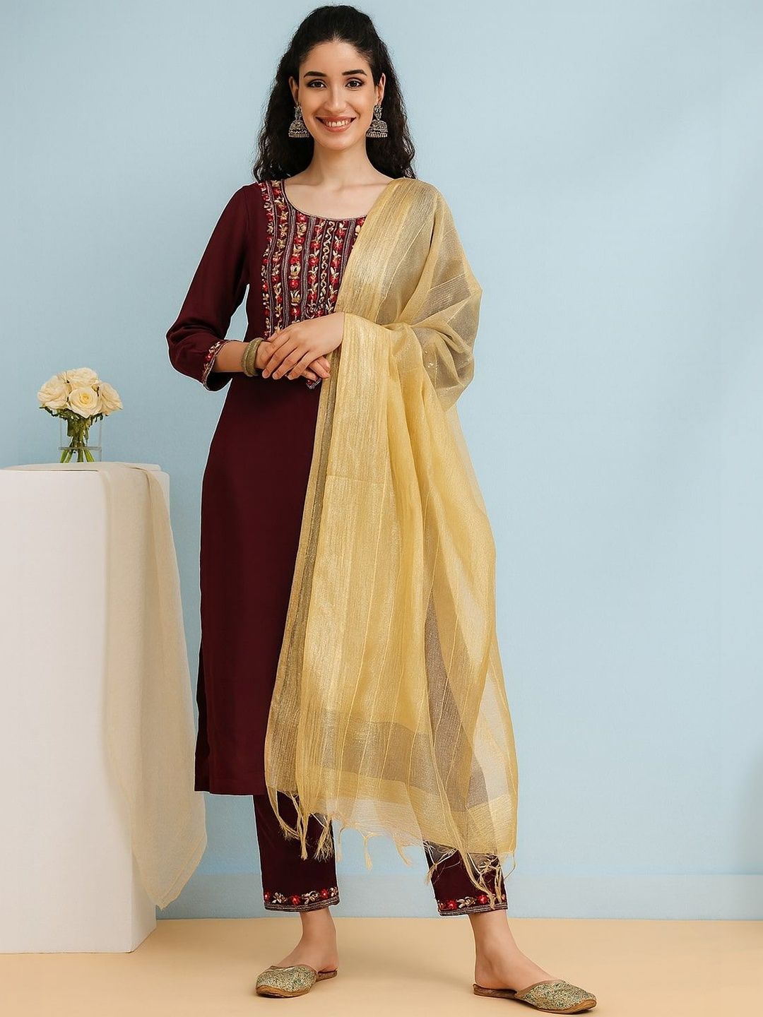 all about you Women Floral Embroidered Regular Kurta with Trousers & With Dupatta-picture-27