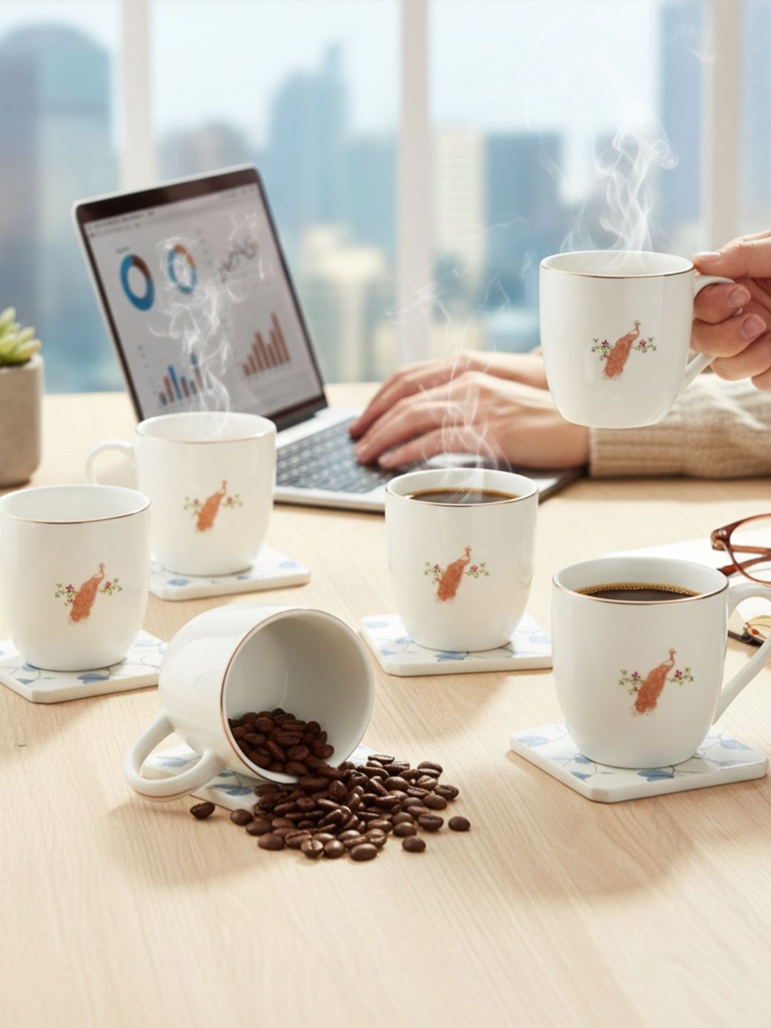 CLAY CRAFT White & Red Natural Elements Printed Ceramic Glossy Cups Set of Cups and Mugs-image-42
